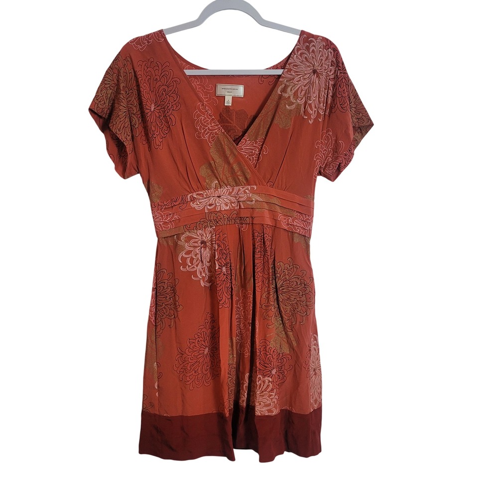 Moulinette Soeurs Anthropologie Silk Floral Empire Waist Dress Orange Red Size 2